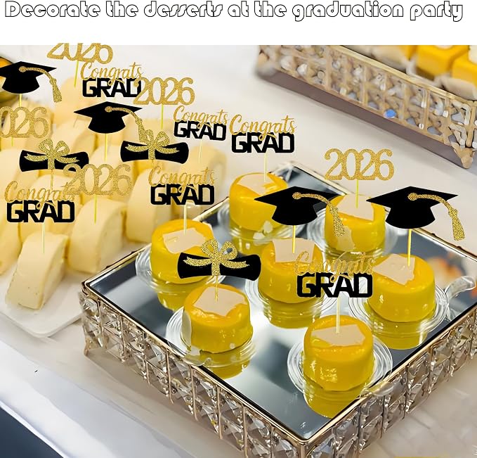 YuBoBo 2026 Graduation Cupcake Toppers, 48 PCS Food/Appetizer Picks For Graduation Party Mini Cake Decorations, Diploma, 2026, Grad Cap Set 48 Pieces (01 Gold)