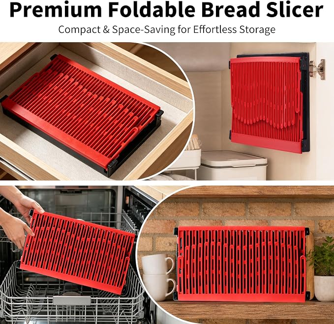Bread Slicer for Homemade Bread - Adjustable Foldable Compact | For home bakers. Scale markings for even slicing, non-slip base for safety, crumb tray for easy cleanup & storage