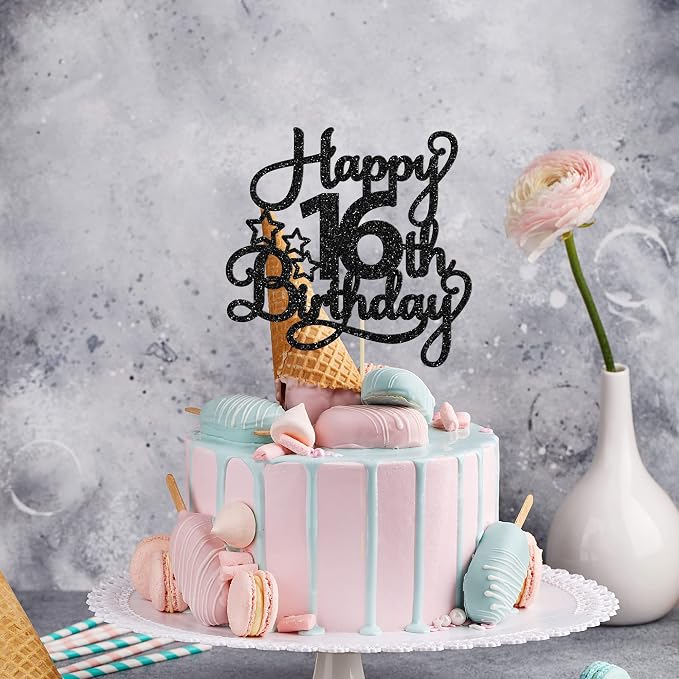 1 Pack Happy 16th Birthday Cake Topper Glitter Sweet 16 Cake Pick Decorations for Children Theme Party Supplies Black