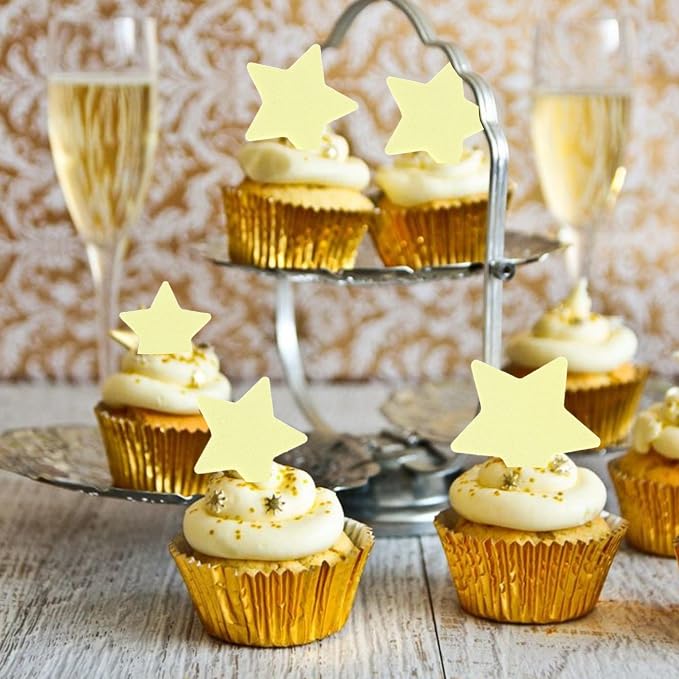 60 PCS Edible Star Cupcake Toppers Edible Stars for Cake Decorating Twinkle Star Cupcake Picks for Wedding Engagement Bridal Shower Birthday Baby Shower Party Cake Food Decorations Supplies Yellow