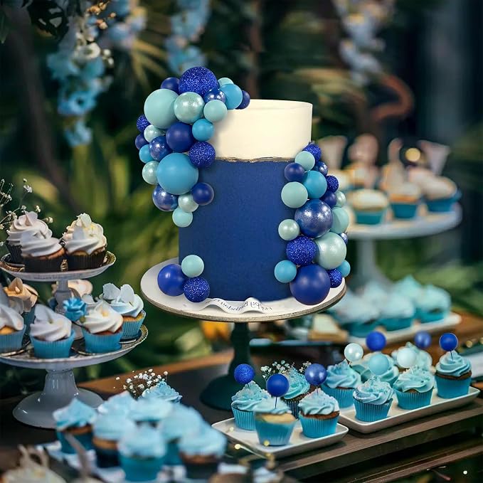 66 PCS Colorful Ball Cake Picks for Cake Decoration Blue Series with 6 Vibrant Colors Pearl Ball Shaped Cupcake Toppers for Birthday Party and Wedding Supplies