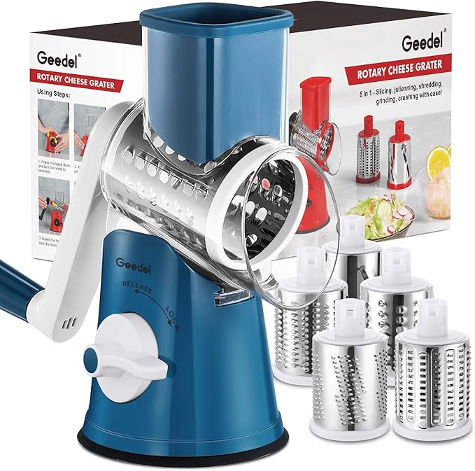 Geedel Rotary Cheese Grater Cheese Shredder - Upgraded 5-in-1 Cheese Grater with Handle and Strong Suction Base, Multi-purpose Vegetable Slicer Ice Shaver Nuts Grinder for Cheese, Vegetables, Ice