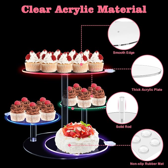 Cake Stand with Rechargable Light, 4 Tier LED Acrylic Cupcake Stand, Round Cake and Cupcake Stand Combo, Clear Tiered Cake Tower Stands for 50 Cupcakes, Display Stand for Wedding Birthday Party