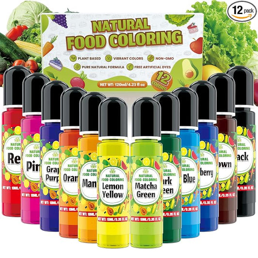 Natural Food Coloring Gel - 12 Colors FD&C & Artificial Dye Free Plant Based Food Coloring Liquid, Natural Food Dye for Baking, Frosting, Fondant, Cake Decorating - 0.35 fl.oz each