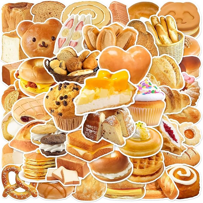50pcs Cute Bread Stickers Food Stickers, Waterproof Scrapbook Aesthetic Sticker for Water Bottles Computer Laptop Scrapbook Daily Planner Junk Bullet Journaling Decorative Supplies