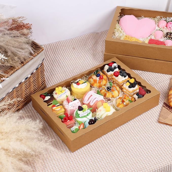 TOMNK 25pcs 16x11x2.5 Inch Cookie Boxes, Donut Boxes with Window for Bakery, Treats, Desserts, Chocolate Covered Strawberries, Pies, Muffins (Brown)