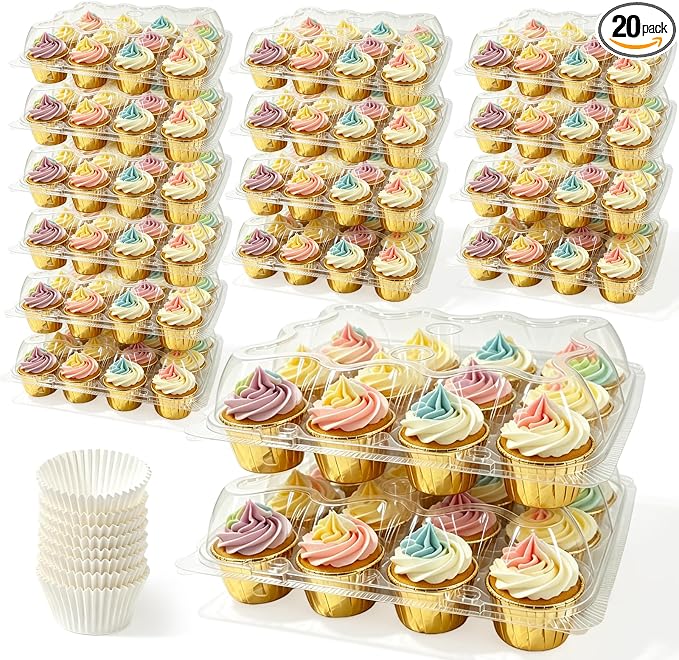 12 Packs × 20 Sets Disposable Plastic Cupcake Containers,Stackable CupCake Holders with lid with 240 Pack Cupcake Liners,Ideal for Baking,Parties,or Storage.