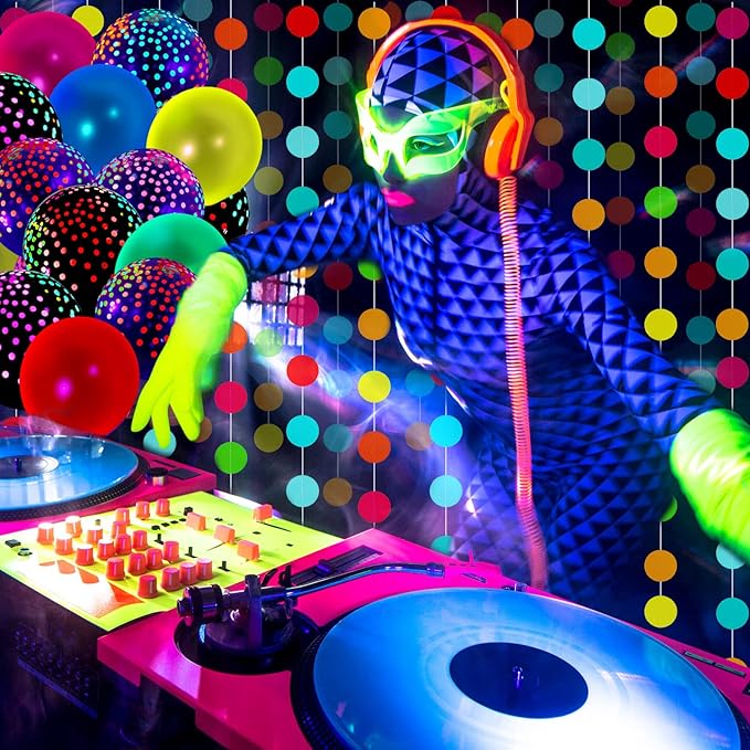 Skylety 32 Pcs Glow in The Dark Party Supplies Neon Party Favors with 25 Fluorescent Balloon 6 Rolls 98.4 ft UV Blacklight Luminous Tape 14.4 ft Neon Streamer Garland for Adults(Classic Dot)