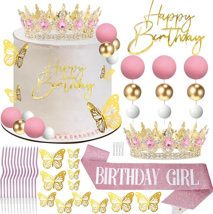 Crown & Birthday Sash for Women - Crown Happy Birthday Cake Topper Candles Balls Butterfly | Corona Para Pastel | Sweet Crown Decorations for Queen Princess Bride Wedding Prom (Gold, Pink)