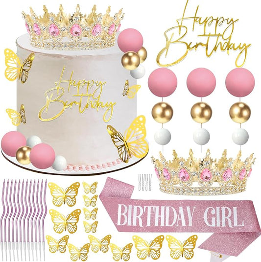 Crown & Birthday Sash for Women - Crown Happy Birthday Cake Topper Candles Balls Butterfly | Corona Para Pastel | Sweet Crown Decorations for Queen Princess Bride Wedding Prom (Gold, Pink)