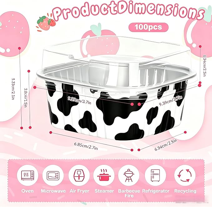 100Pack 5oz Cow Mini Cake Pans with Lids Baking Cups Aluminum Foil Pans Tins, Individual Dessert Cups Containers for Sales,Party,Picnics