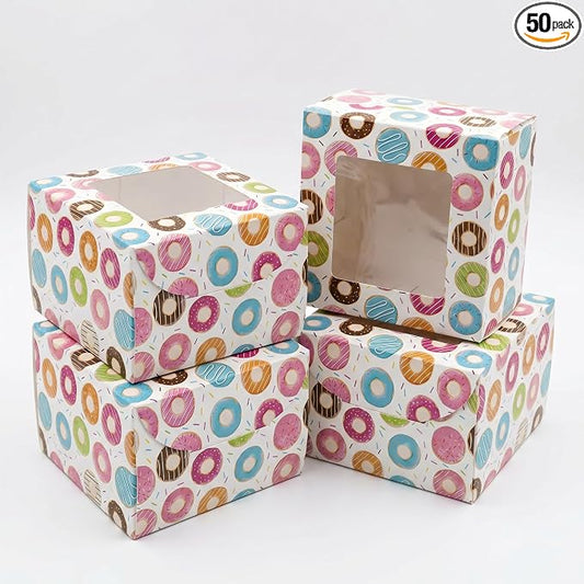 50 Pack Colorful Donuts Cookie Boxes with Window - Donut Treat Boxes for Donut Grow up First Birthday, Sweet Shop & Kids Party Bakery Favors for Cookies, Macarons & Cupcakes