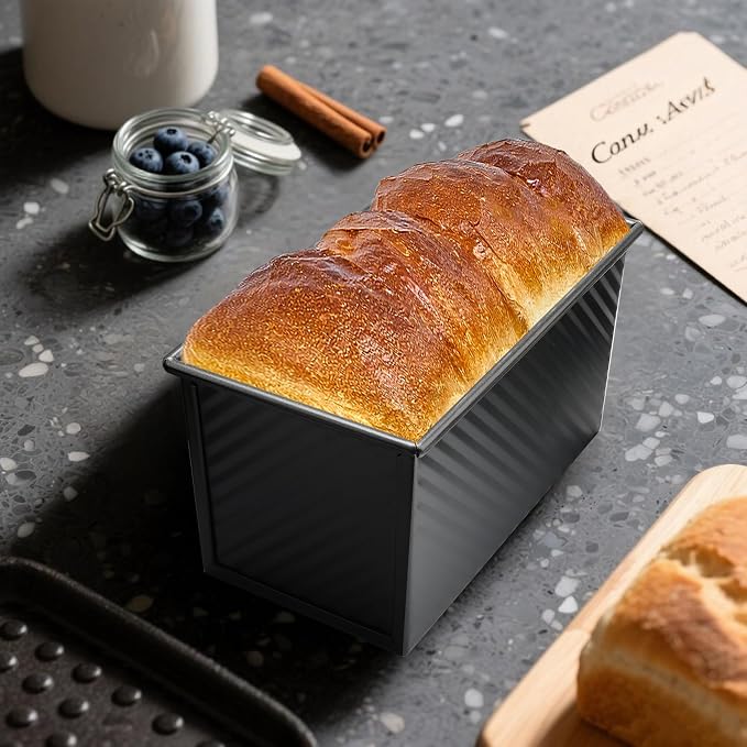 Pullman Loaf Pan With Lid - Bread Pans For Homemade Bread - 1lb Non-Stick Loaf Baking Pans - Carbon Steel Toast Box With Oven Mitts（Set Of 2）
