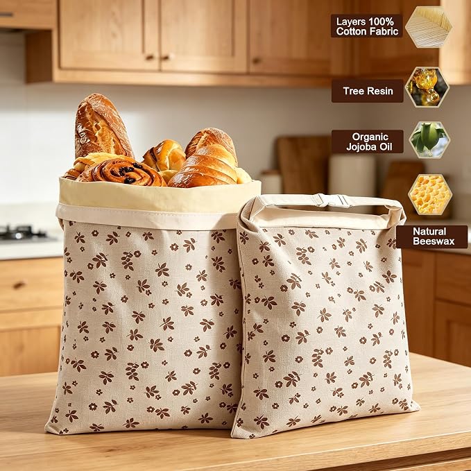 2 Pack Beeswax Bread Bags for Sourdough,Reusable Cotton Beeswax Bag for Homemade Bread,Freezer-Friendly & Freshness Preservation Storage to Keep Fresh