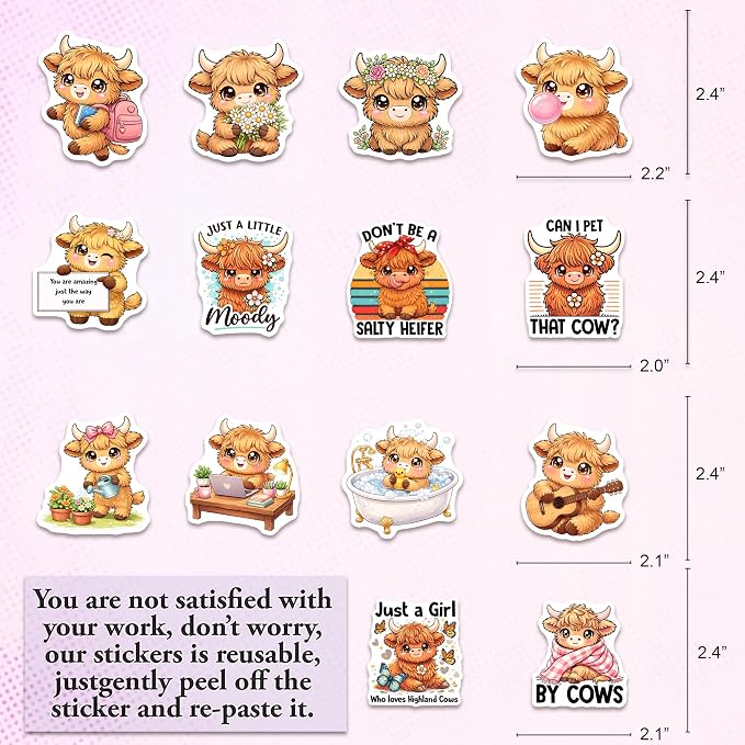 Highland Cow Stickers 50PCS – Waterproof Vinyl Cartoon Animal Decals for Water Bottles, Laptops, Journaling – Non-Repeating Decals, High-Definition Print Gift