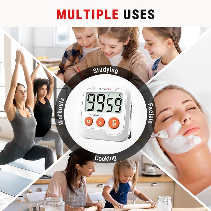 TempPro TM03 Digital Timer for Kids & Teachers, Kitchen Timers for Cooking with 2 Alarm Volume, Countdown Timer Stopwatch for Classroom Supplies, Exercise, Baking, Work, 2-Pack (Previously ThermoPro)