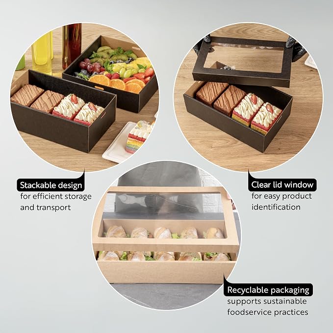 Restaurantware Cater Tek 17.9 x 12.3 x 3.2 Inch Baked Goods Boxes 10 Greaseproof Pastry Boxes - Window Lids Insert Tab Lock Black Paper Catering Boxes Easy Assembly For Charcuterie Or Cupcakes
