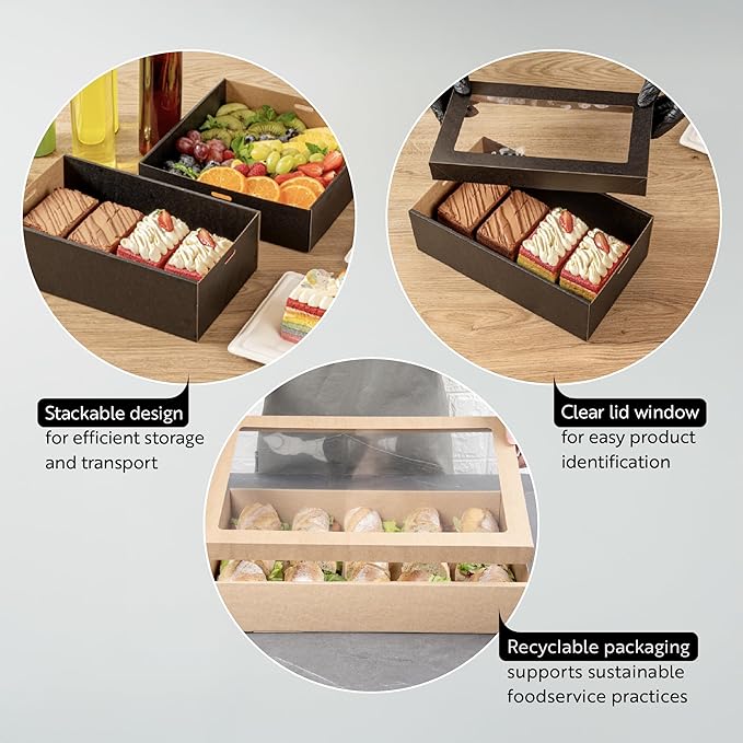 Restaurantware Cater Tek 9 x 9 x 2.4 Inch Baked Goods Boxes 100 Greaseproof Pastry Boxes - Window Lids Insert Tab Lock Black Paper Catering Boxes Easy Assembly For Charcuterie Or Cupcakes