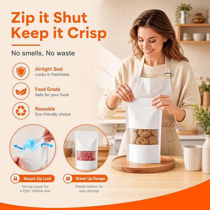 100 Pcs White Kraft Paper Bags with Window, 7.1" x 10.2" Stand Up Pouches Bags, Food Storage Bags for Packaging Products, Reusable, Sealable
