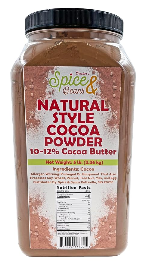 Natural Cocoa Powder 5 lb | 10–12% Cocoa Butter | Unsweetened Baking Cocoa | Bulk Resealable Container | Rich Chocolate Flavor for Cakes, Brownies, Hot Chocolate & Smoothies | Dasher’s Spice & Beans