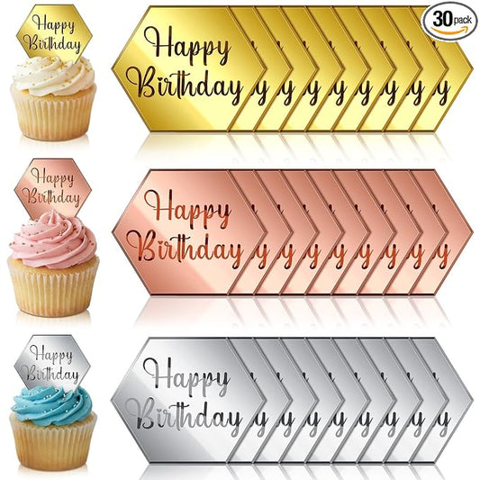 Qunclay 30 Pcs Happy Birthday Acrylic Cake Toppers, Mirror Acrylic Cupcake Toppers, 3 Multi-shape & Gold Rose Gold Silver Cupcake Picks for Birthday Party Pastries Decor DIY Supplies(Hexagon)
