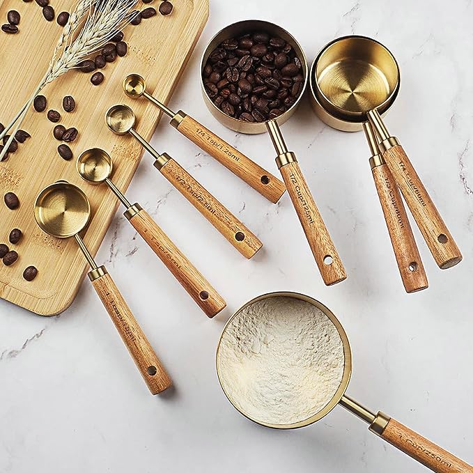 GuDoQi 8Pcs Gold Measuring Cups and Spoons Set, Wooden Handle, Premium Stainless Steel with Metric & US Measurements, Nesting for Dry/Liquid Kitchen/Food/Baking