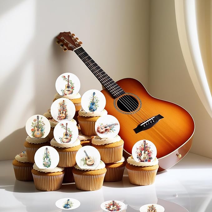 36PCS Edible Guitar Cupcake Toppers Wafer Paper Music Instrument Cake Picks Music Guitar Birthday Cake Topper Musician Cupcake Picks for Concert Theme Party Decor