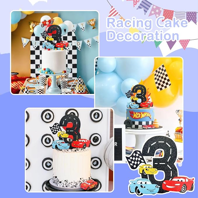 MEMOVAN Race Car 3rd Cake Topper 3th Racing Car Birthday Cake Topper Decoration for Racing Car Checkered Flag Themed Girl Boy 3 Years Birthday Party Supplies Double Sided