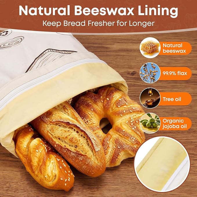 2 Pack Beeswax Bread Bags for Sourdough Homemade Bread, 17"×12.6" Organic Beeswax Linen Cotton Sourdough Bags Food Storage Cloth Bag, with Serrated Bread Knife and Bamboo Cutting Board