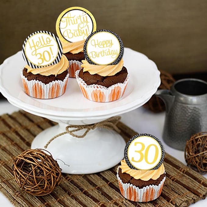 40Pcs Edible Circle Happy 30th Birthday Cupcake Toppers Edible Golden Hello 30 Thrity Baby Cupcake Picks Drink Toppers for Funny 30th Birthday Party Decorations