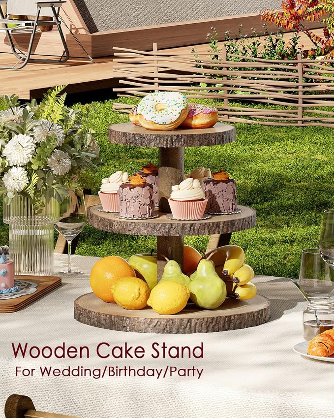 SANYOUNG Wood Cupcake Stand, 3 Tier Wooden Cupcake Tower, Large Rustic Cake Display Holder Stand for Woodland Baby Shower, Wedding, Birthday, Tea Party, Farmhouse Dessert Table Decorations