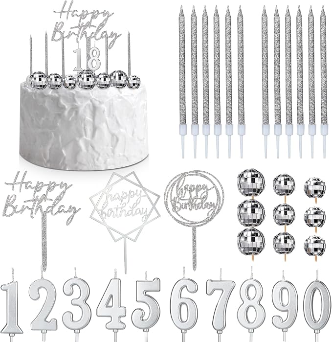 Yerliker 34 Pcs Happy Birthday Cake Toppers Decorations Birthday Candles DIY Cake Decor for Men Women Wedding Anniversary(Disco Color)