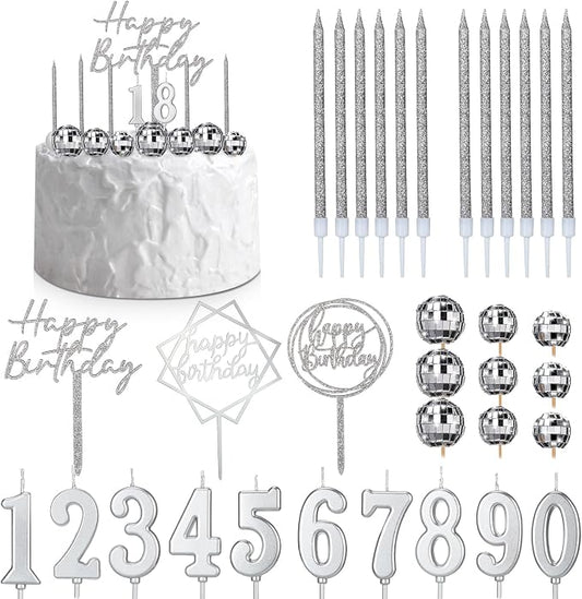 Yerliker 34 Pcs Happy Birthday Cake Toppers Decorations Birthday Candles DIY Cake Decor for Men Women Wedding Anniversary(Disco Color)