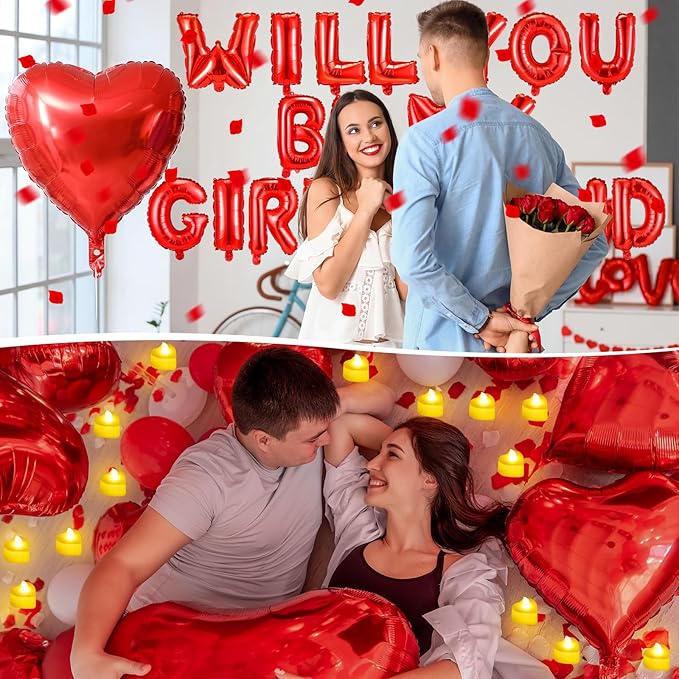 Will You Be My Girlfriend Balloon Proposal Decor 24 LED Flameless Tealight Heart Candle 2000 Artificial Rose Petals Love Balloon for Engagement Wedding Decor Romantic Special Night(White)