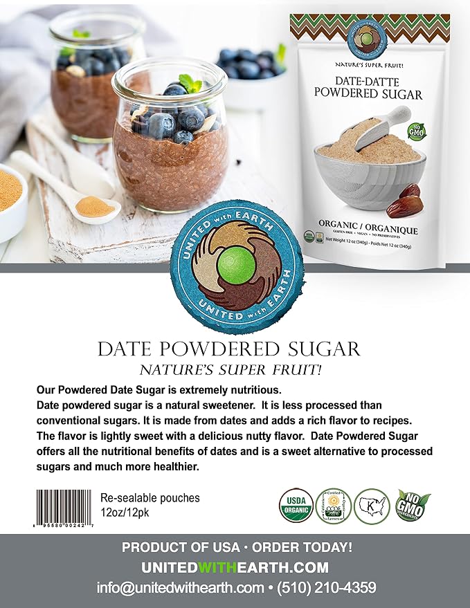 United With Earth Organic Date Powdered Sugar - 12oz (2-Pack) | Non-GMO, Gluten-Free, Vegan, Paleo, Certified Organic