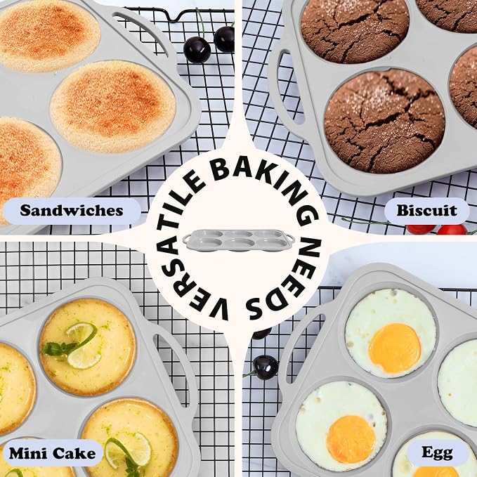 4 Inch Jumbo Silicone Muffin Top Pan with Metal Frame, Non Stick Silicon Egg Mold for Oven, Large Whoopie Pie Baking Pan with Handle for English Breakfast Sandwich, Egg Bite, Bun Tart,Light Grey