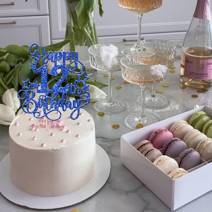1 PCS Happy 12th Birthday Cake Topper Glitter Cheers to 12 Years Birthday Cake Pick Hello 12 Fabulous Cake Decoration for Happy 12th Birthday Anniversary Party Decorations Supplies Blue