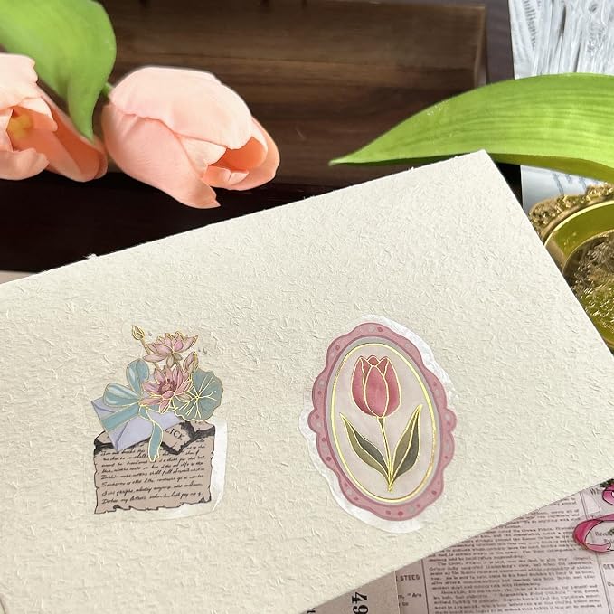 50 Pcs PET Transparent Gold Foil Flower Stickers, Waterproof Vinyl Floral Decals for Laptop Skateboard Luggage, Elegant Flower-Themed Stickers Gift for Teens Adults(Flower-sl)