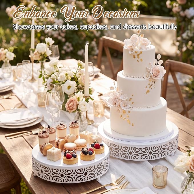 Wenqik 2 Pcs White Metal Cake Stand, 14" 16" Large Round Cupcake Stand Dessert Table Display Set Cake Holder for Wedding Birthday Party Bridal Shower Anniversary Table Decoration