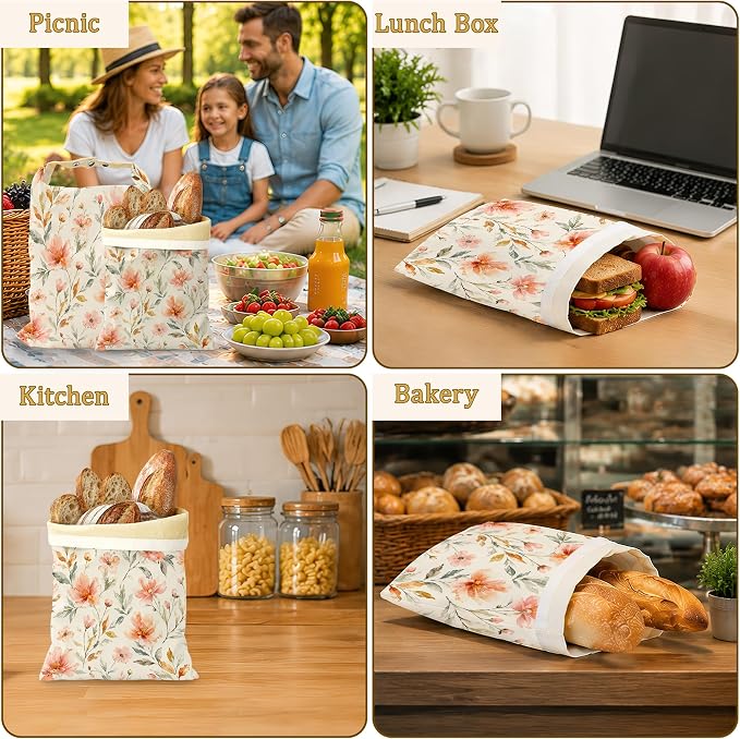 2 Pack Beeswax Linen Peach Blossom Bread Bags, Watercolor Floral Reusable Fresh Keeping Bags for Sourdough & Baguette, Freezable Portable Bread Storage Container 17×13''