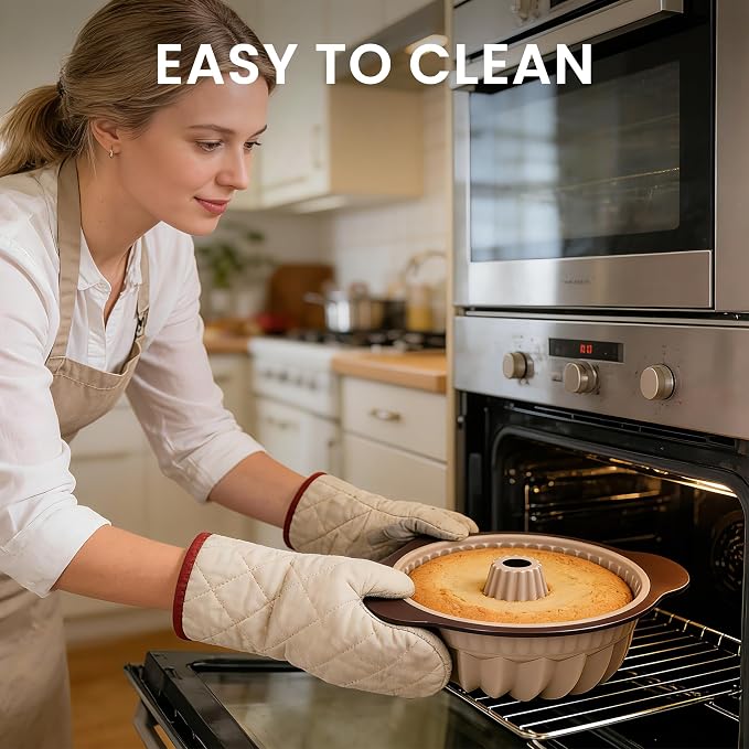 Nonstick Silicone Bundt Cake Pan, 9 Inch Fluted Tube Baking Mold with Reinforced Frame for Cakes, Bread, Brownies and Jello, Easy Release & Easy Clean