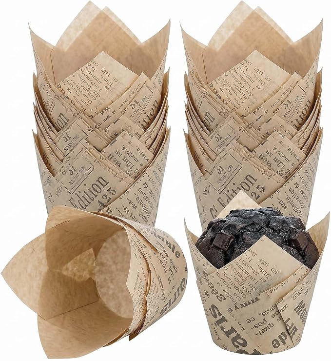200 Pcs Newspaper Tulip Cupcake Liners for Baking, Natural Color | Standard Greaseproof Tulip Muffin Liners for Baking, 3oz Newspaper Paper Cupcake Wrappers for Party Wedding Birthday
