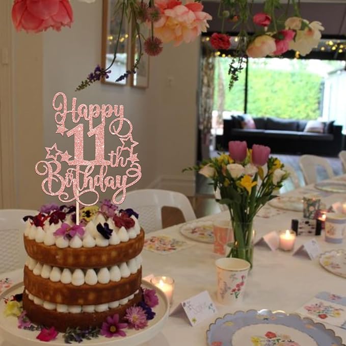 1 PCS Happy 11th Birthday Cake Topper Glitter Cheers to 11 Years Birthday Cake Pick Hello 11 Fabulous Cake Decoration for Happy 11th Birthday Anniversary Party Decorations Supplies Rose Gold