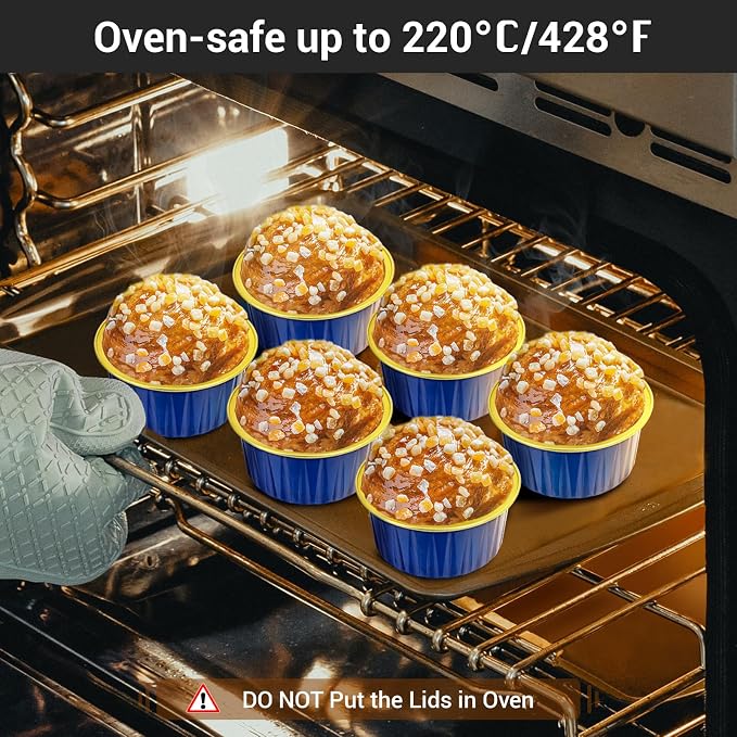 EUSOAR Disposable Ramekins with Lids, Royal Blue 50pcs 5oz Creme Brulee Ramekins Disposable, Muffin Liners Cups Oven Safe Mini Cheesecake Foil Pans Dessert Containers for Party Favor Birthday