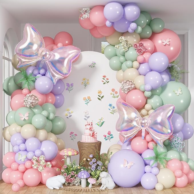 Dusty Green Purple Pink Balloon Arch Kit, Fairy Wildflower Balloons Pastel Pink Lavender Green Balloons for Girls First Fairtale Birthday Bridal Baby Shower Wedding Spring Garden Tea Party Decorations