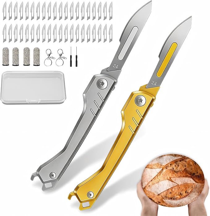 CRUIFU 2pcs Folding Bread Lame Dough Scoring Tool with 40 Razor Blades | Foldable Stainless Steel Bread Lames for Accurate Scoring, Better Crust Expansion and Professional Baking Results