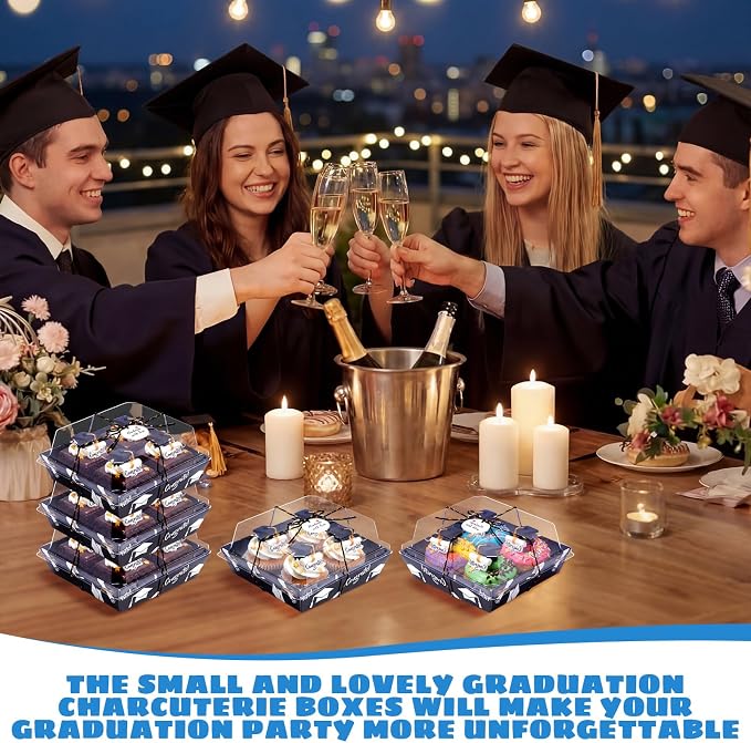 Outus 100 Pack Graduation Party Paper Food Containers Black Charcuterie Boxes with Clear Lids, 5.7 x 5.1 '' Graduation Party Supplies Cake Take out Bakery Boxes with Gift Tags Rope for Desserts Cake