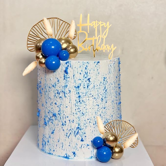 Boho Cake Topper Gold Blue Balls Cake Decorations Palm Leaves Boho Grass for Wedding Birthday (03)