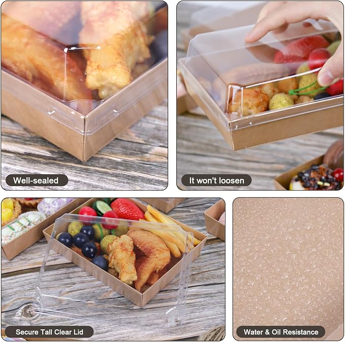 7x5 Inches Charcuterie Boxes with Clear Lids, 50 Pack Disposable Take Out Food Containers, Large Paper Bakery Cake Boxes for Strawberries, Cookies Cupcakes (Brown)