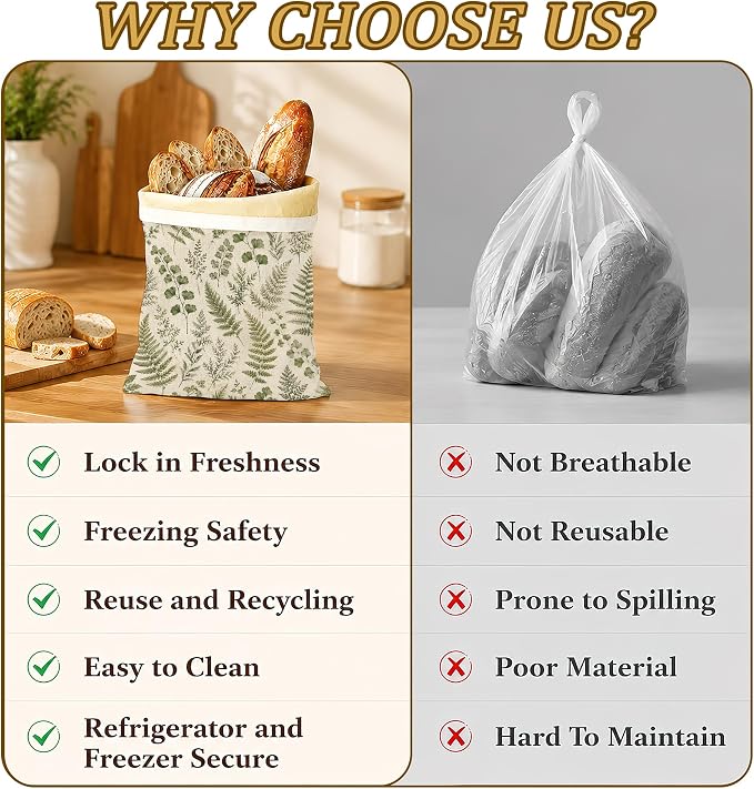 2 Pack Beeswax Linen Vintage Fern Bread Bags, Botanical Leaves Reusable Fresh Keeping Bags for Sourdough & Baguette, Freezable Portable Bread Storage Container 17×13''